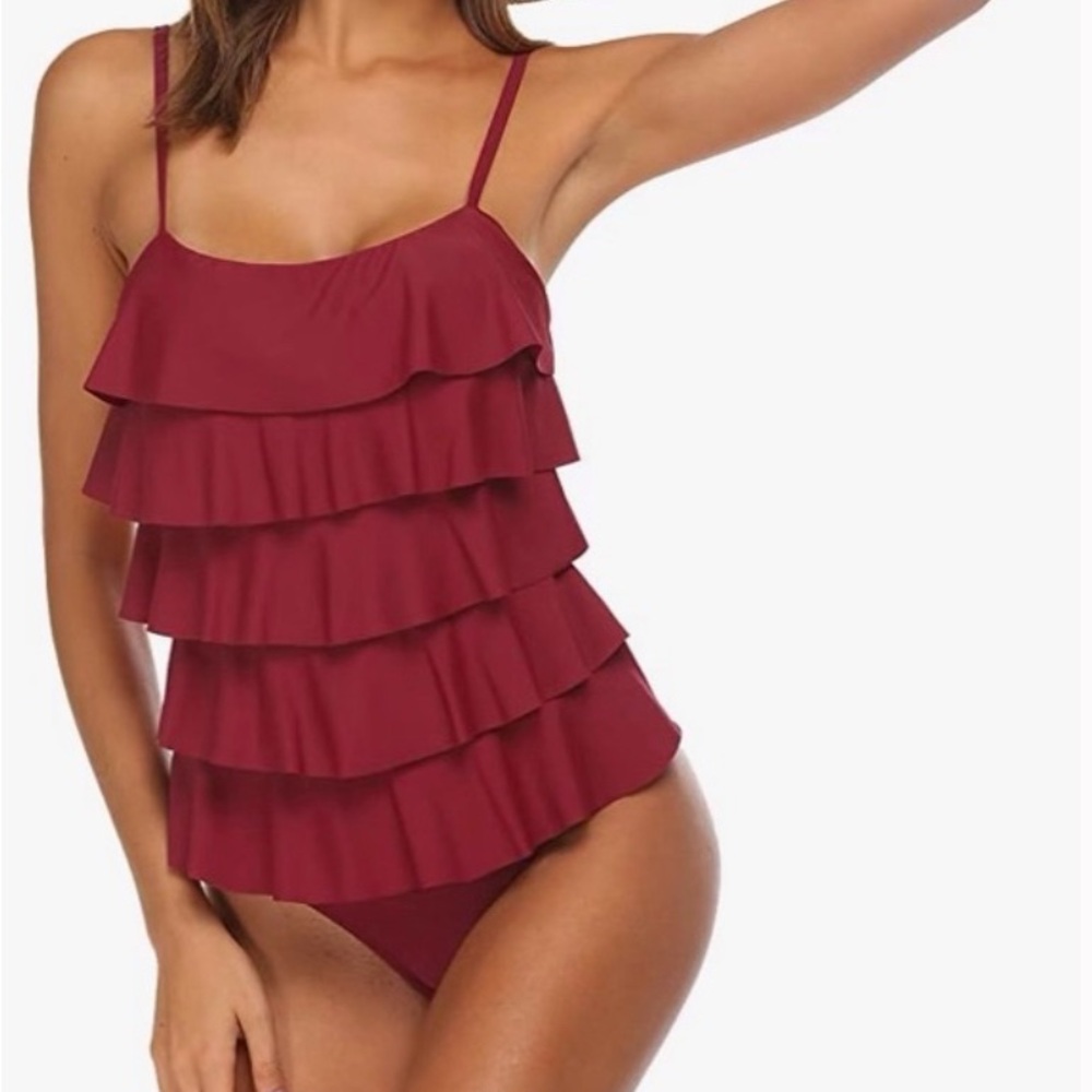 Women's Burgundy Ruffle Swimsuit MaxModa Tummy Control Monokini  Size XL